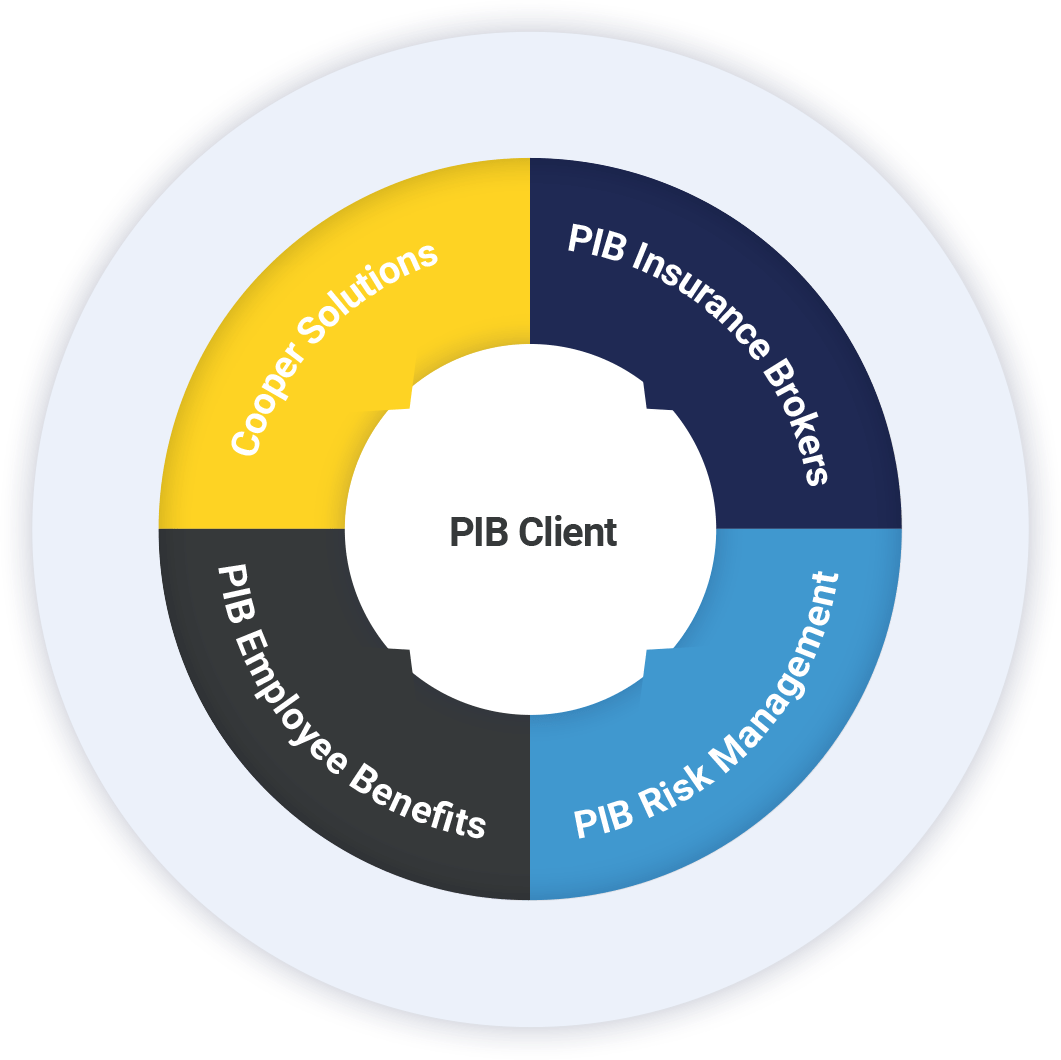 A circular Infographic showing synergy between PIB Insurance Brokers, PIB Employee Benefits, PIB Risk Management and Coopers Solutions with the Client at the centre.