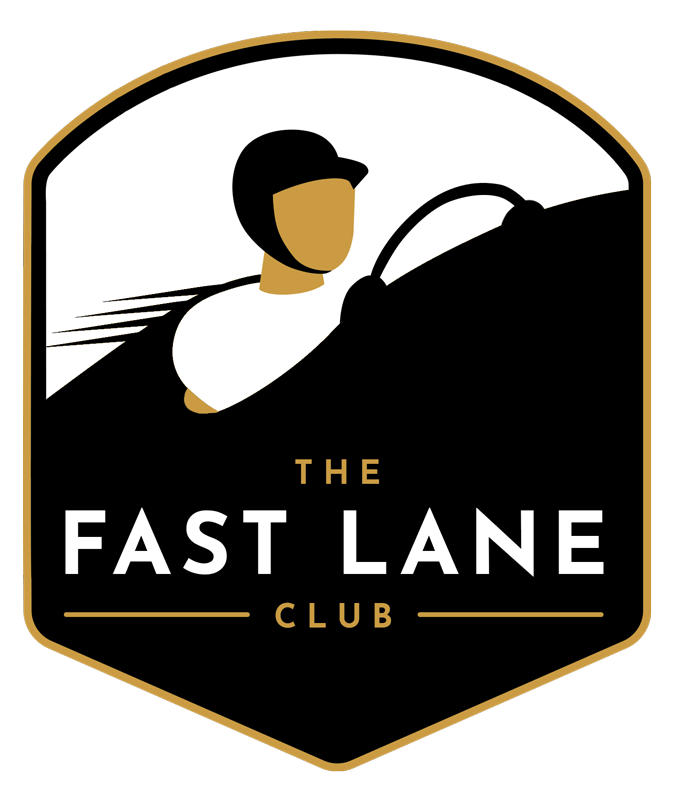 Logo for The Fast Lane Club featuring an abstract driver in a helmet at the wheel, encased in a green and black shield-shaped emblem with the club’s name in stylised lettering.